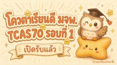 ภาพประกอบข่าวโควตาเรียนดี มจพ. TCAS70 รอบที่ 1 — ภาพวาดนกฮูกใส่หมวกบัณฑิตนั่งบนดาว พร้อมข้อความ โควตาเรียนดี มจพ. TCAS70 รอบที่ 1 เปิดรับแล้ว