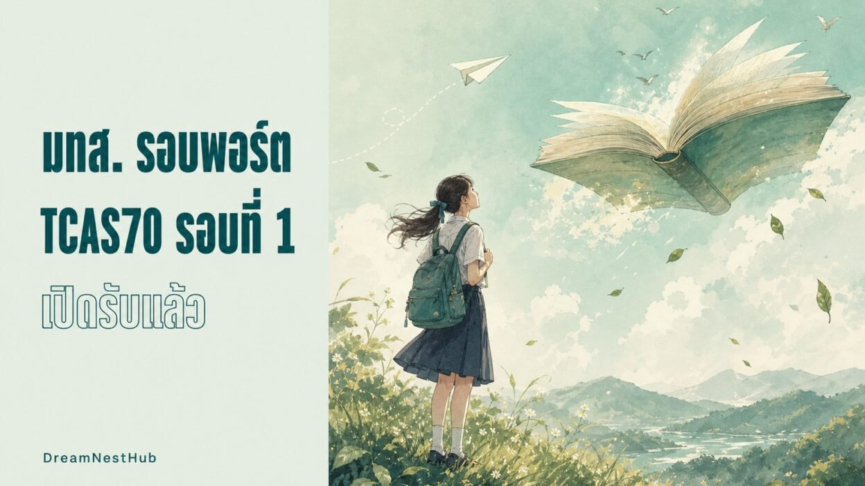 ภาพประกอบวาดสีน้ำ นักเรียนหญิงสะพายเป้ยืนบนเนินหญ้ามองหนังสือเล่มใหญ่ลอยอยู่บนท้องฟ้า พร้อมข้อความ มทส. รอบพอร์ต TCAS70 รอบที่ 1 เปิดรับแล้ว