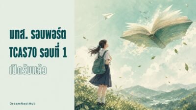 ภาพประกอบวาดสีน้ำ นักเรียนหญิงสะพายเป้ยืนบนเนินหญ้ามองหนังสือเล่มใหญ่ลอยอยู่บนท้องฟ้า พร้อมข้อความ มทส. รอบพอร์ต TCAS70 รอบที่ 1 เปิดรับแล้ว