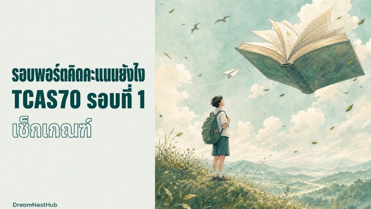ภาพวาดนักเรียนสะพายกระเป๋ายืนบนเนินหญ้ามองหนังสือเล่มใหญ่ลอยอยู่บนท้องฟ้า พร้อมข้อความ รอบพอร์ตคิดคะแนนยังไง TCAS70 รอบที่ 1