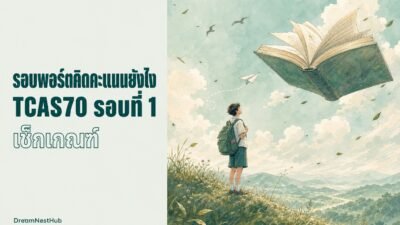 ภาพวาดนักเรียนสะพายกระเป๋ายืนบนเนินหญ้ามองหนังสือเล่มใหญ่ลอยอยู่บนท้องฟ้า พร้อมข้อความ รอบพอร์ตคิดคะแนนยังไง TCAS70 รอบที่ 1
