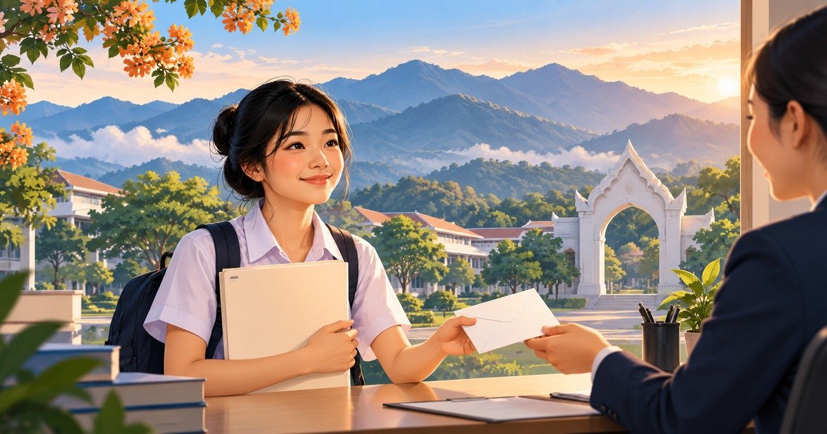 ภาพประกอบนักศึกษายื่นเอกสารสมัครในบรรยากาศมหาวิทยาลัย